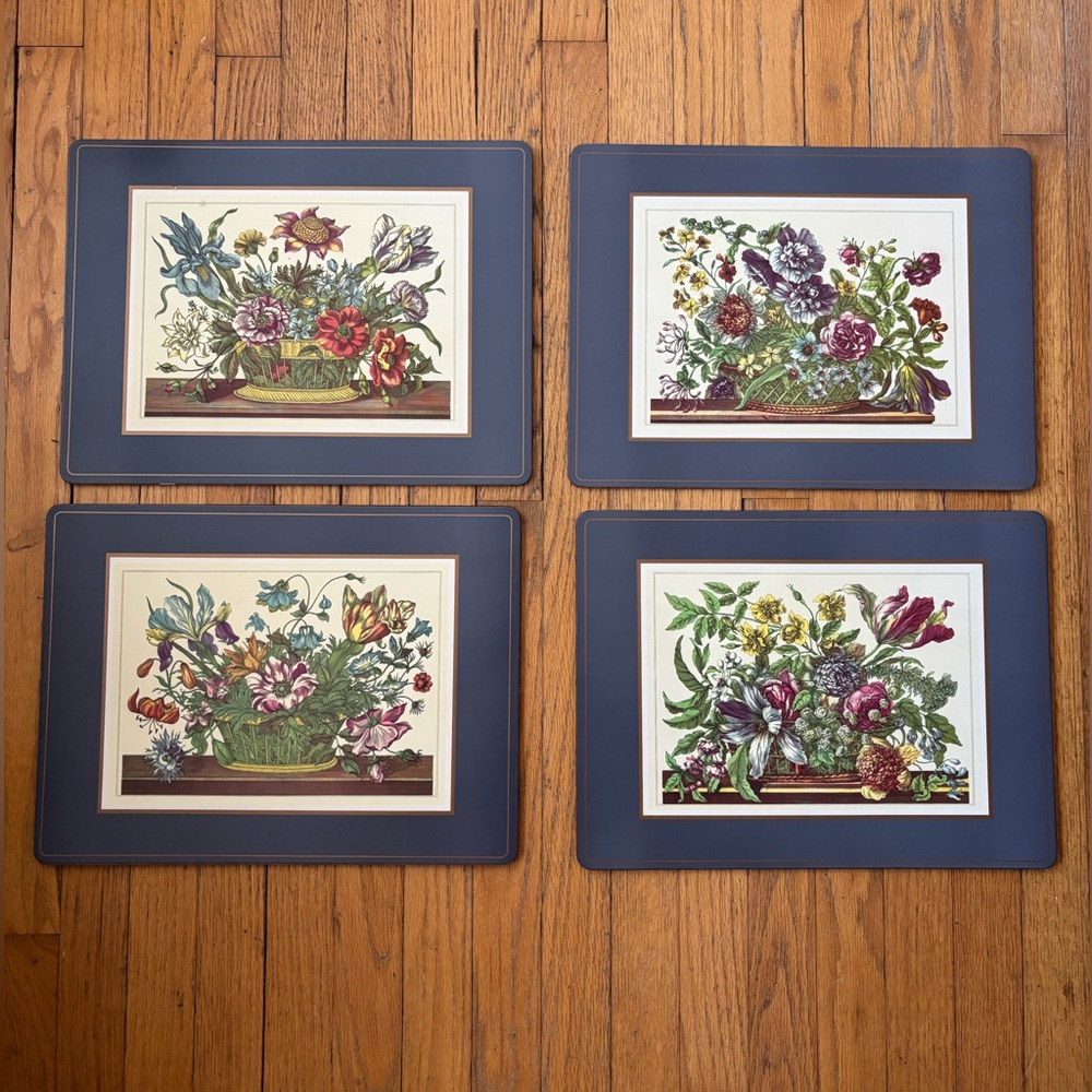 Set of 4 Pimpernel Floral Array Fresh Cut Flowers in Baskets Cork Back Placemats